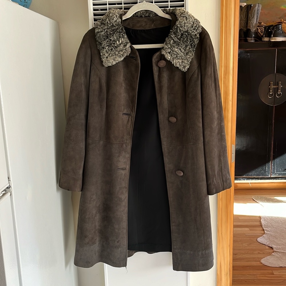 Grey lamb skin and shearling collar  coat